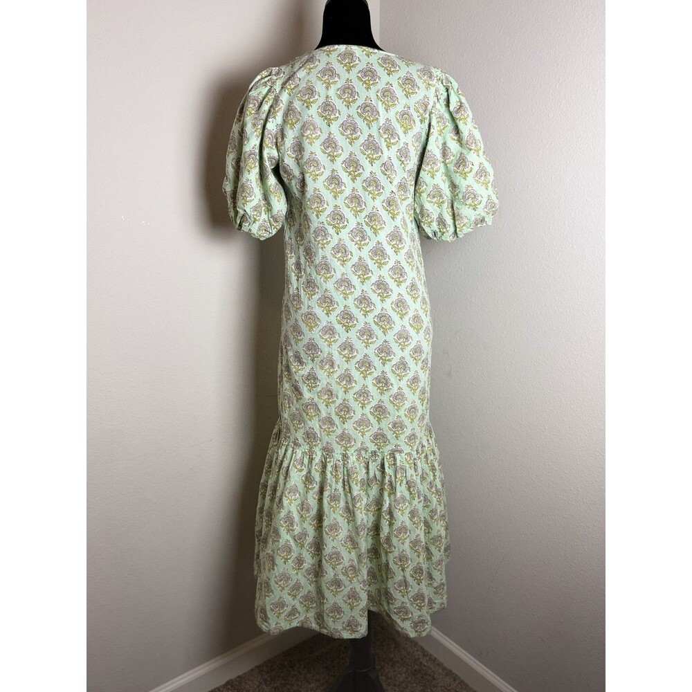 Anna Cate XS Mint Green Floral Cotton Puff Sleeve Midi Dress Boho Tiered - Picture 3 of 10
